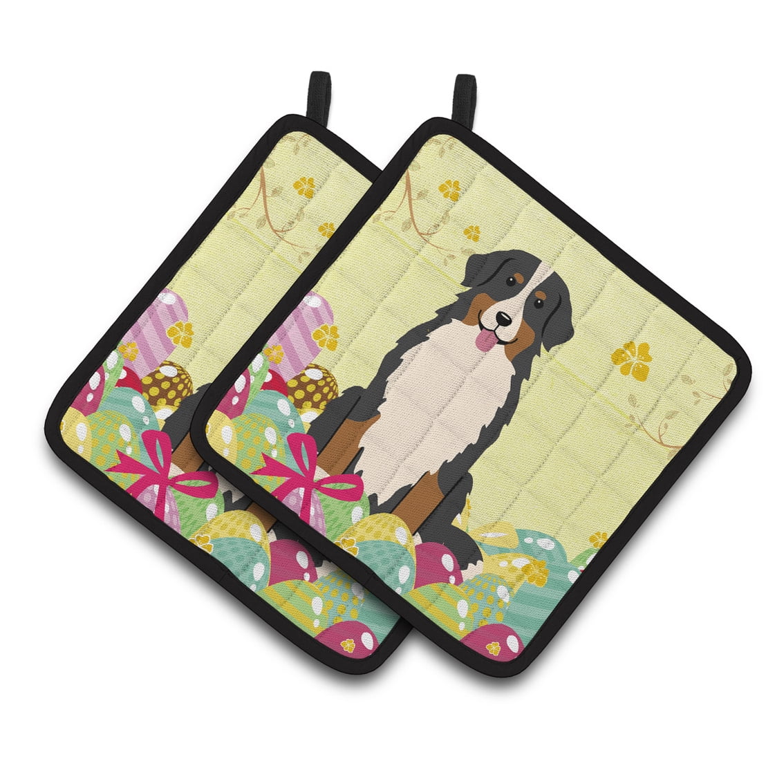 BB6036PTHD Easter Eggs Bernese Mountain Dog Pair of Pot Holders