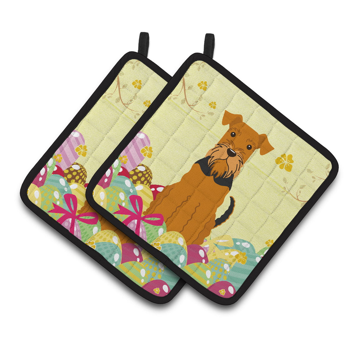Easter Eggs Airedale Pair of Pot Holders