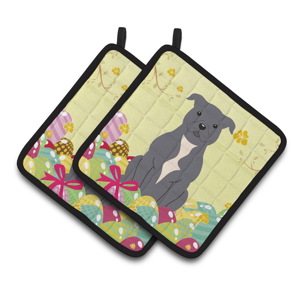 BB6046PTHD Easter Eggs Staffordshire Bull Terrier Blue Pair of Pot Holders