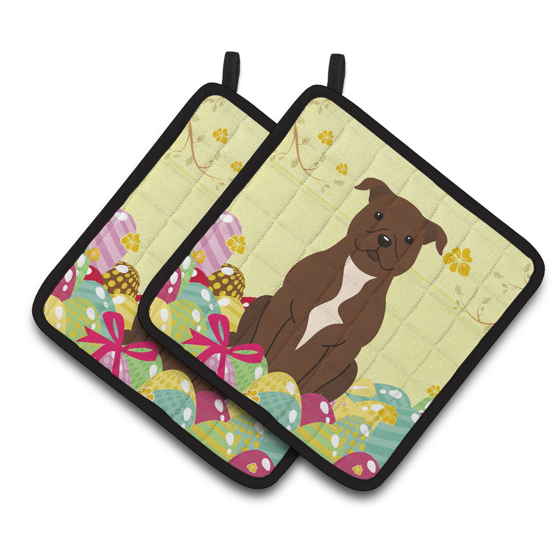 BB6048PTHD Easter Eggs Staffordshire Bull Terrier Chocolate Pair of Pot Holders