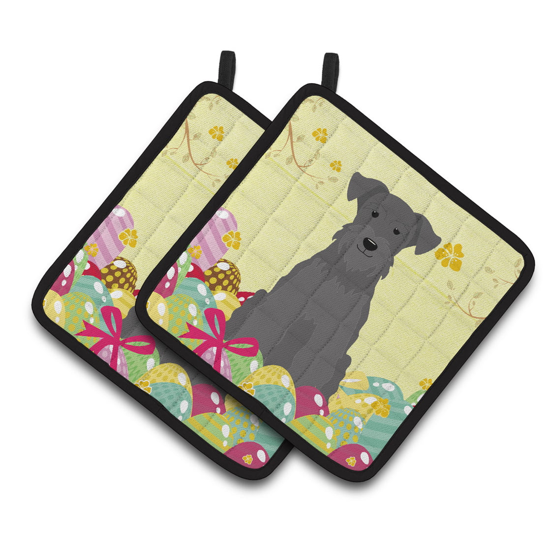 Easter Eggs Miniature Schanuzer Black Pair of Pot Holders