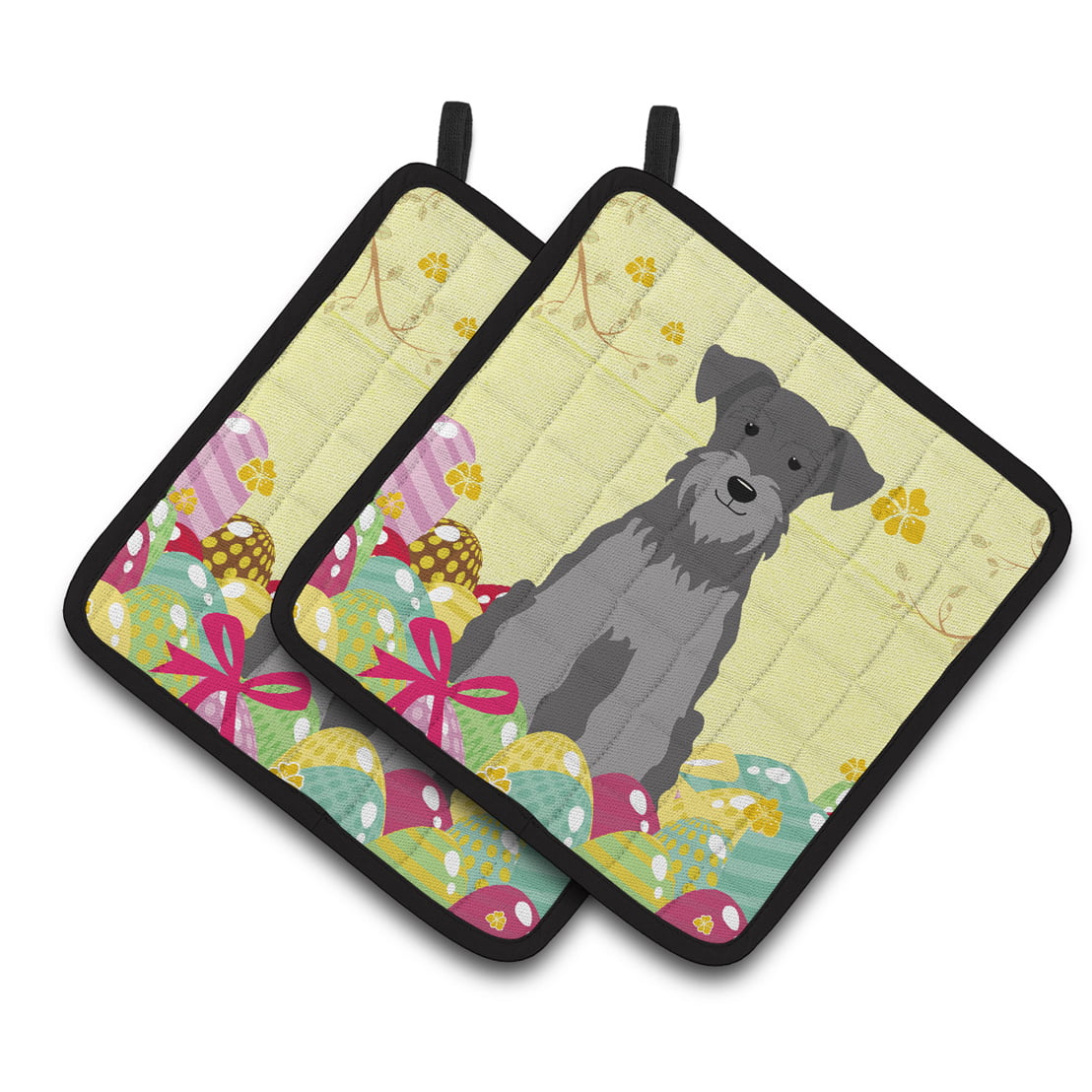 Easter Eggs Miniature Schanuzer Black Silver Pair of Pot Holders