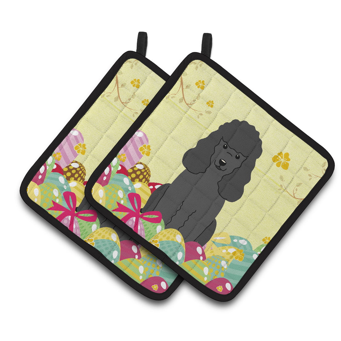 BB6071PTHD Easter Eggs Poodle Black Pair of Pot Holders