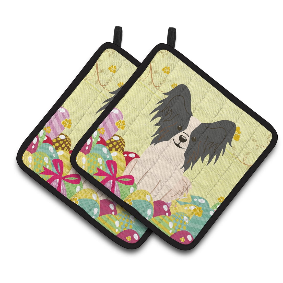Easter Eggs Papillon Black & White Pair of Pot Holders