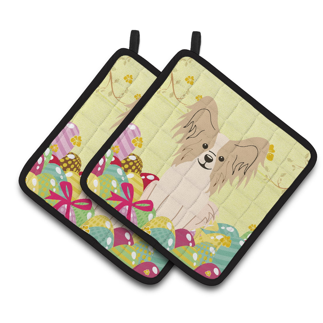 Easter Eggs Papillon Sable White Pair of Pot Holders