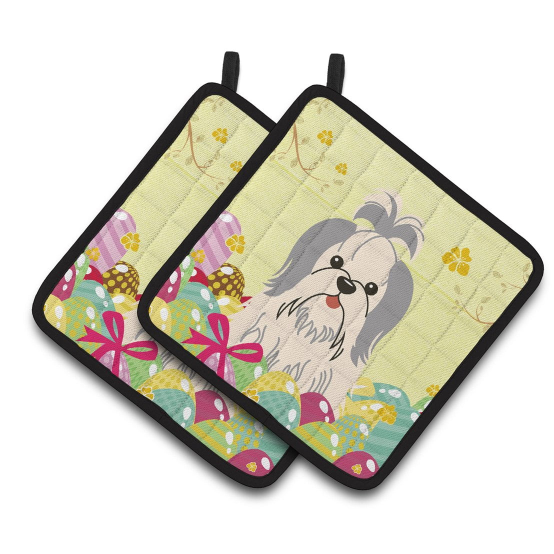 BB6085PTHD Easter Eggs Shih Tzu Silver & White Pair of Pot Holders