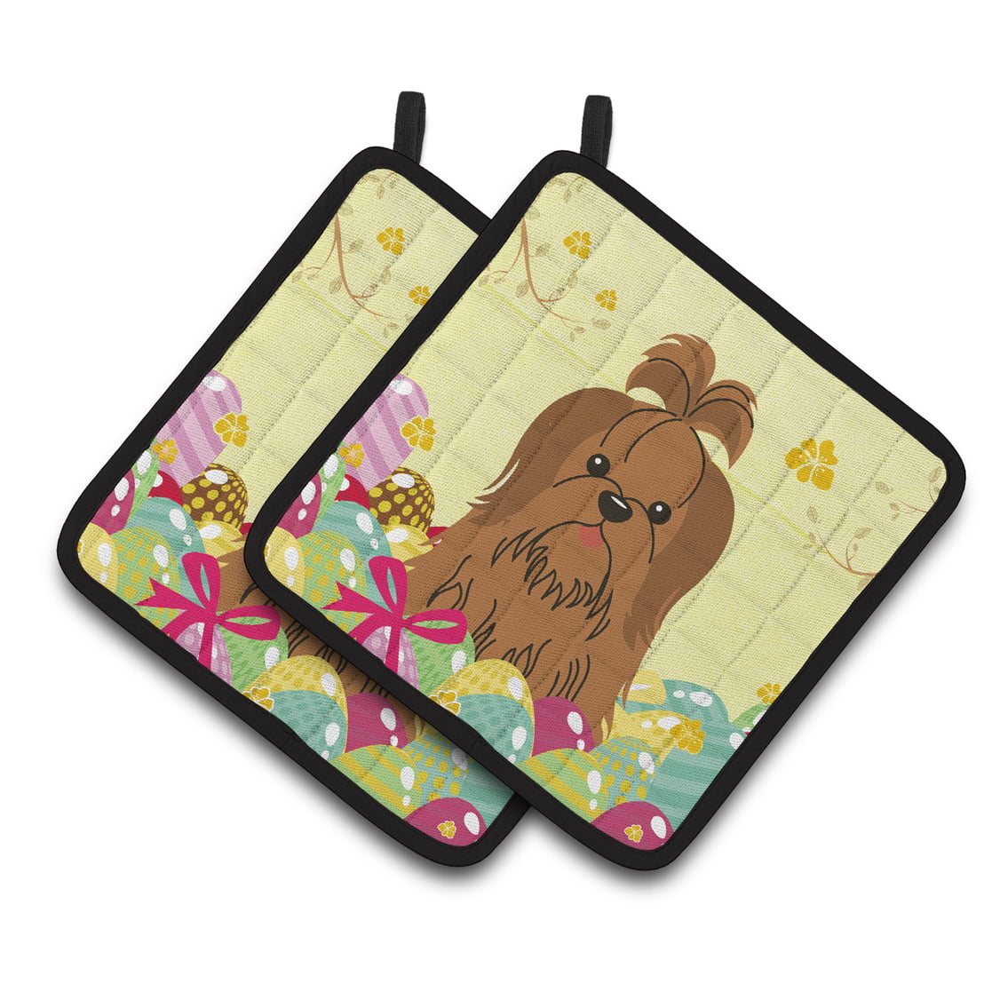 BB6086PTHD Easter Eggs Shih Tzu Silver Chocolate Pair of Pot Holders