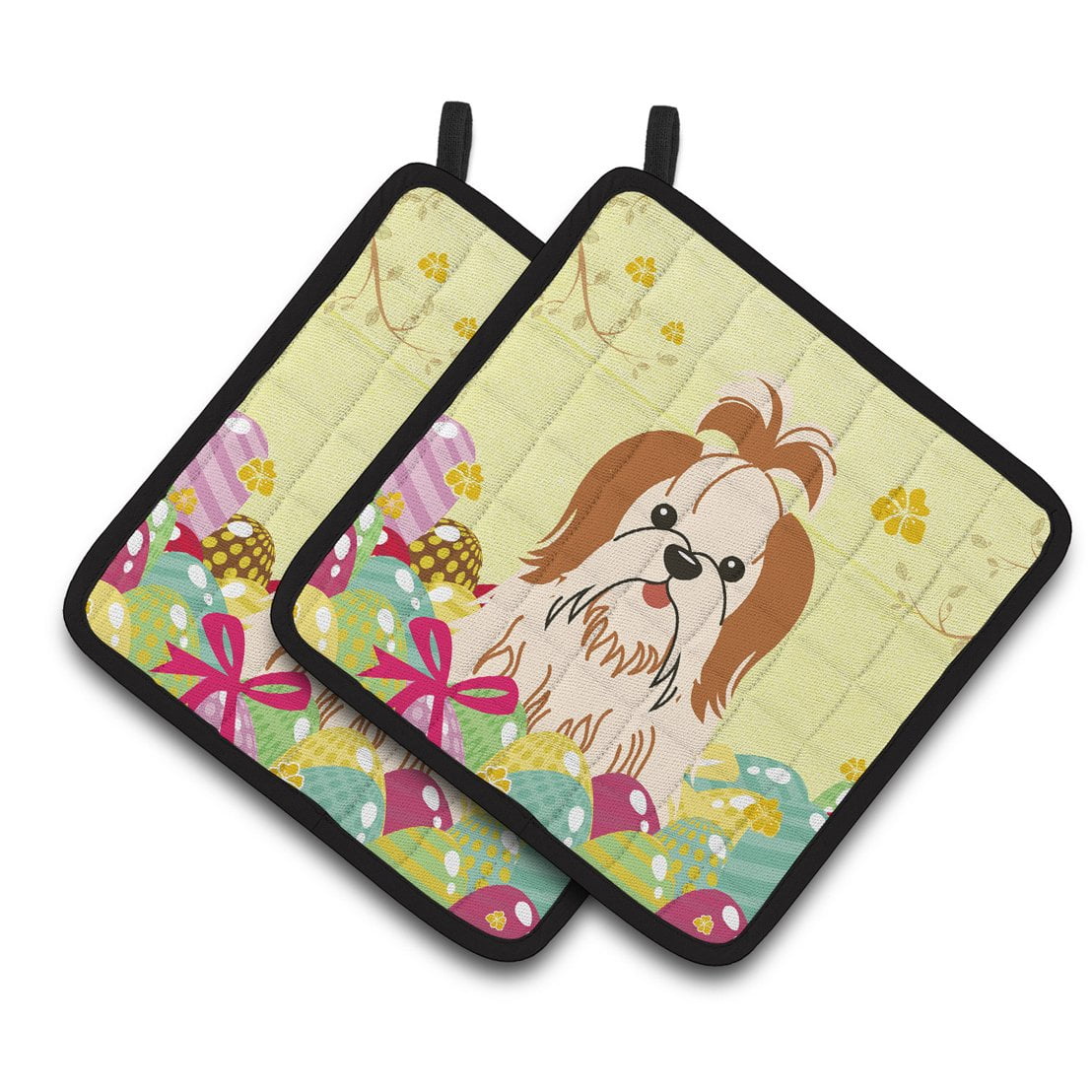 BB6087PTHD Easter Eggs Shih Tzu Red White Pair of Pot Holders