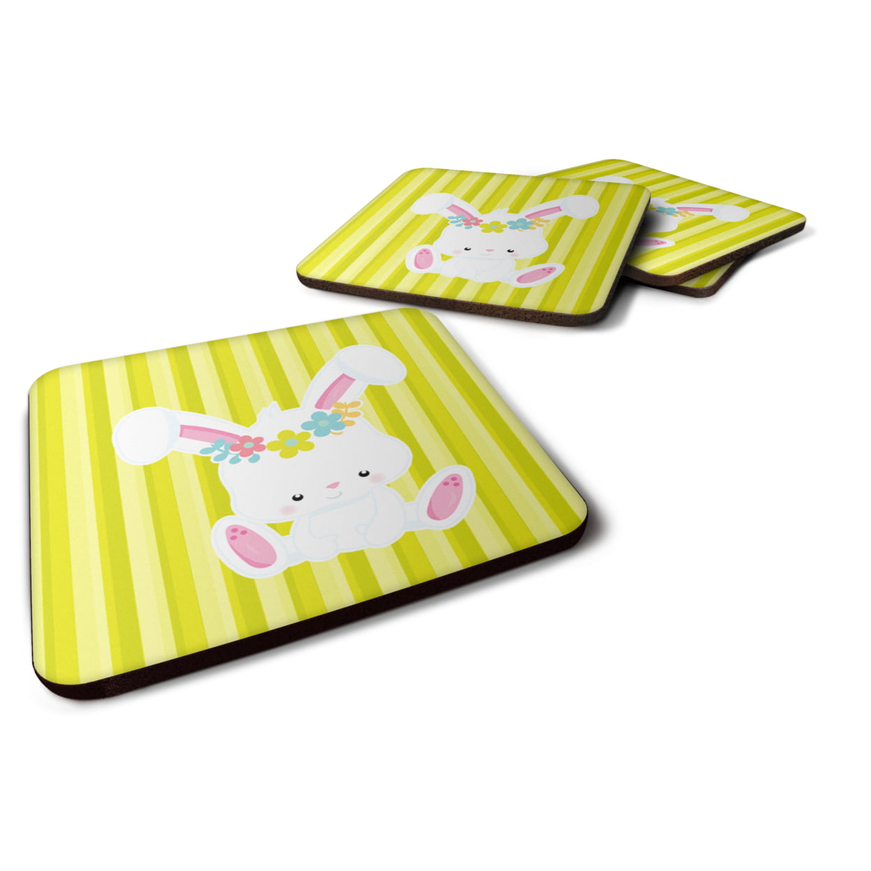 BB7093FC Easter White Rabbit With Flowers Foam Coasters - Set of 4