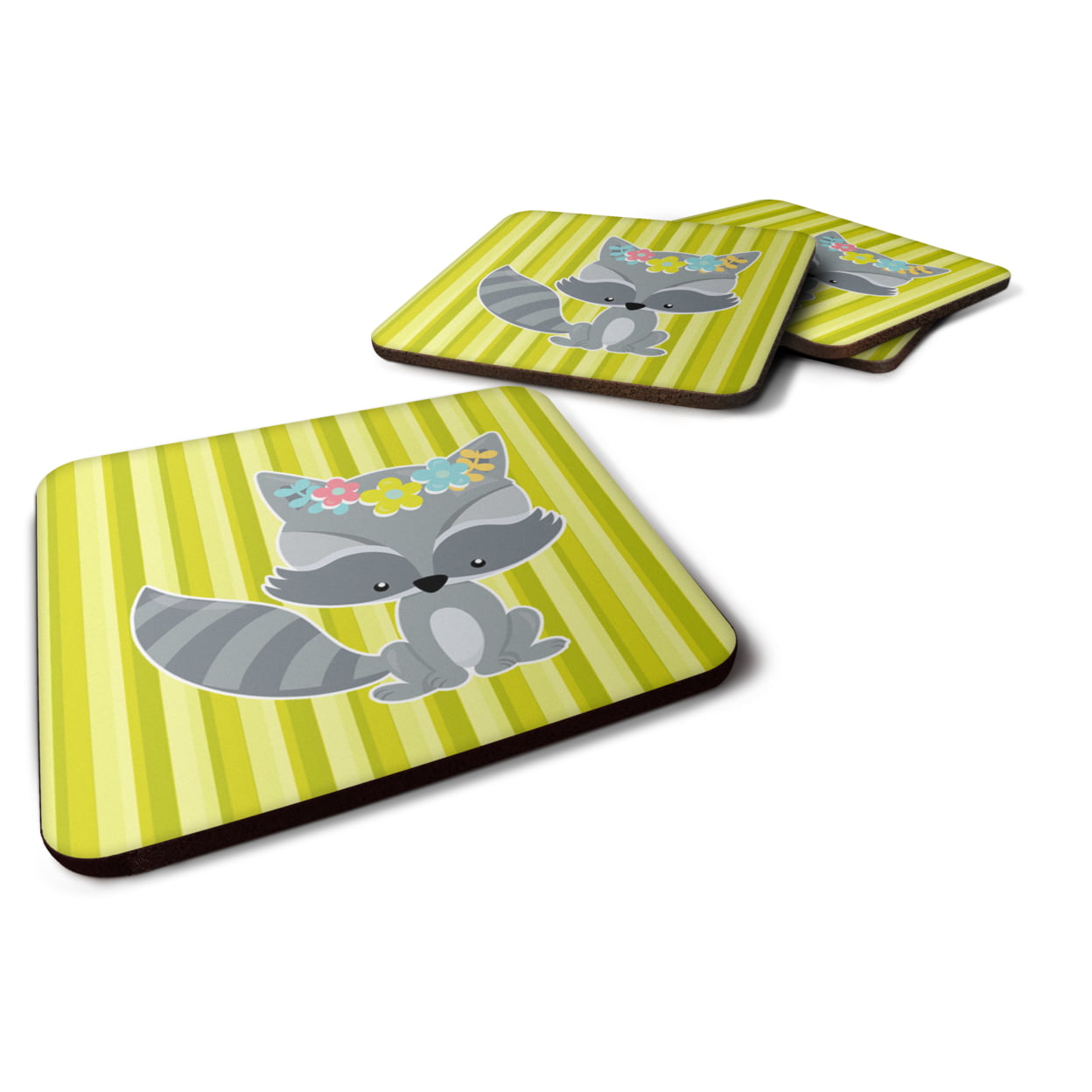 Raccoon With Flowers Foam Coasters - Set of 4