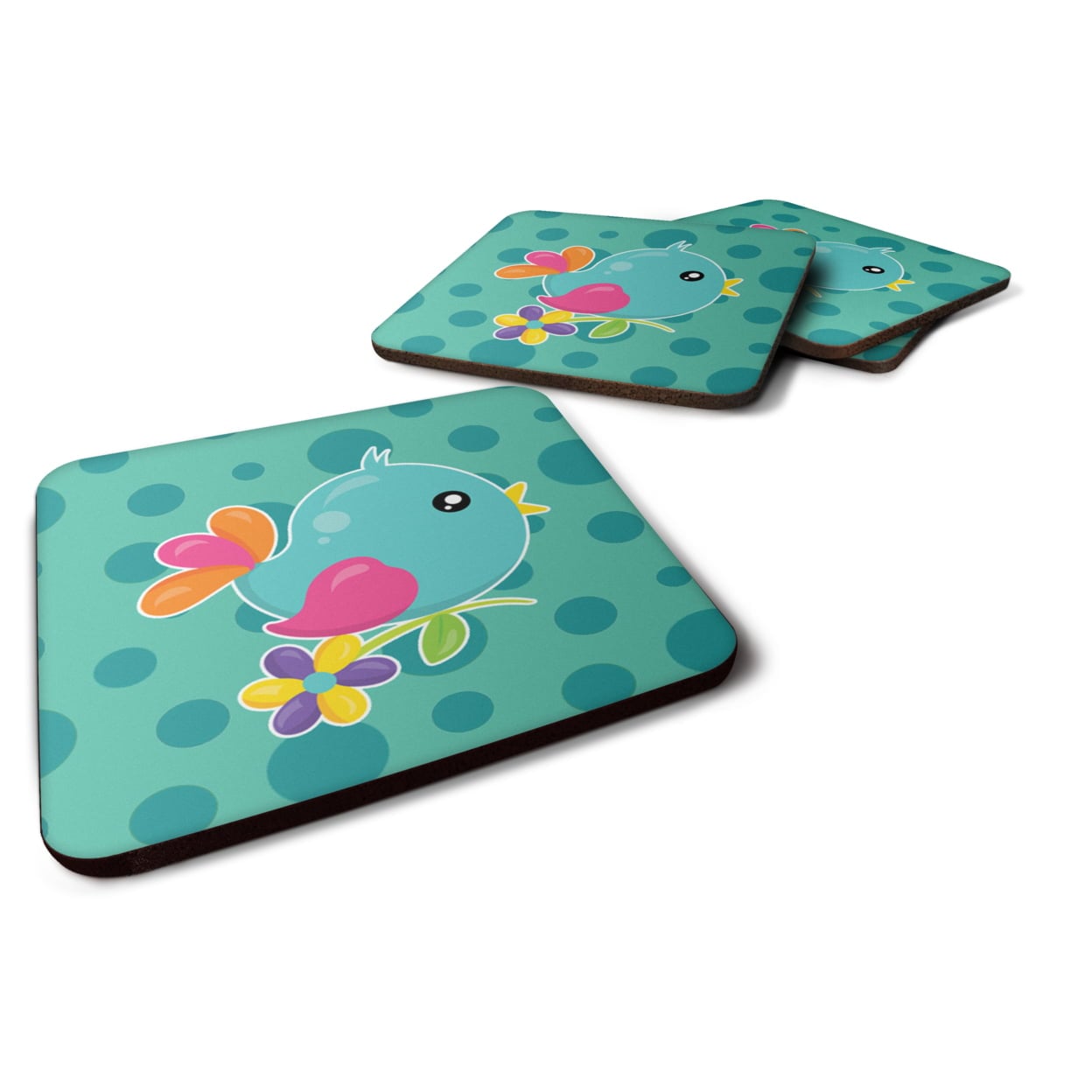 BB7100FC Bird on Teal Polkadots Foam Coasters - Set of 4