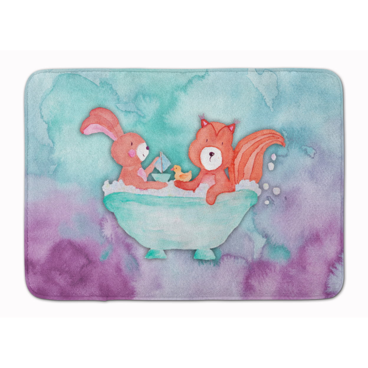 BB7348RUG Rabbit & Squirrel Bathing Watercolor Machine Washable Memory Foam Mat