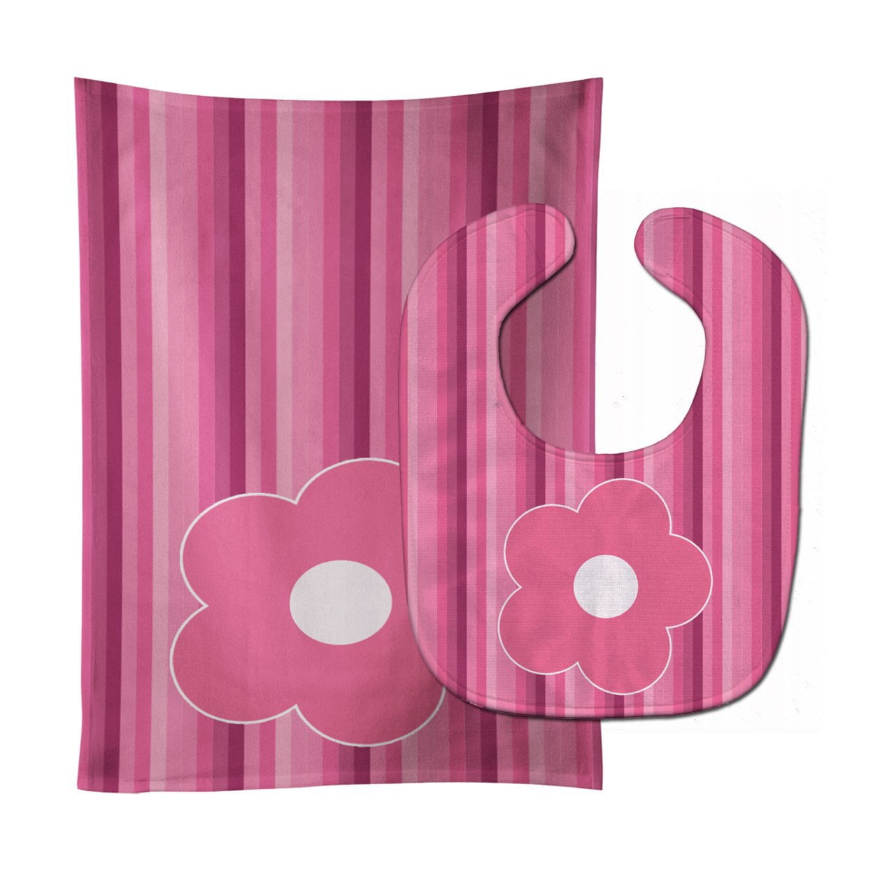 Pink Flower on Stripes Baby Bib & Burp Cloth