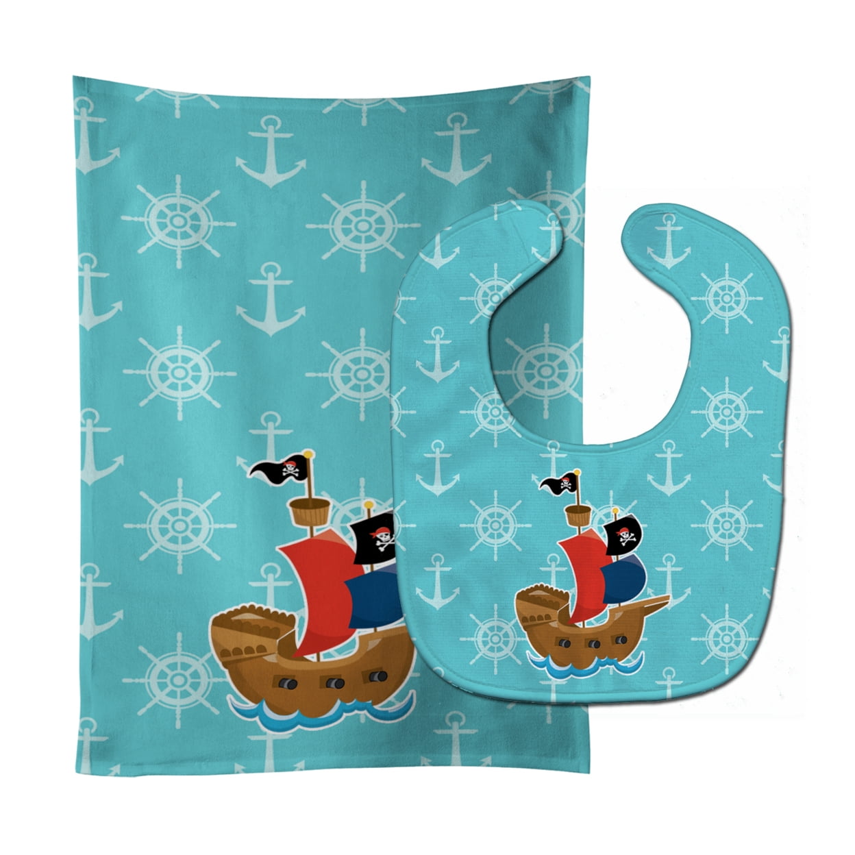 Pirate Ship Blue Baby Bib & Burp Cloth