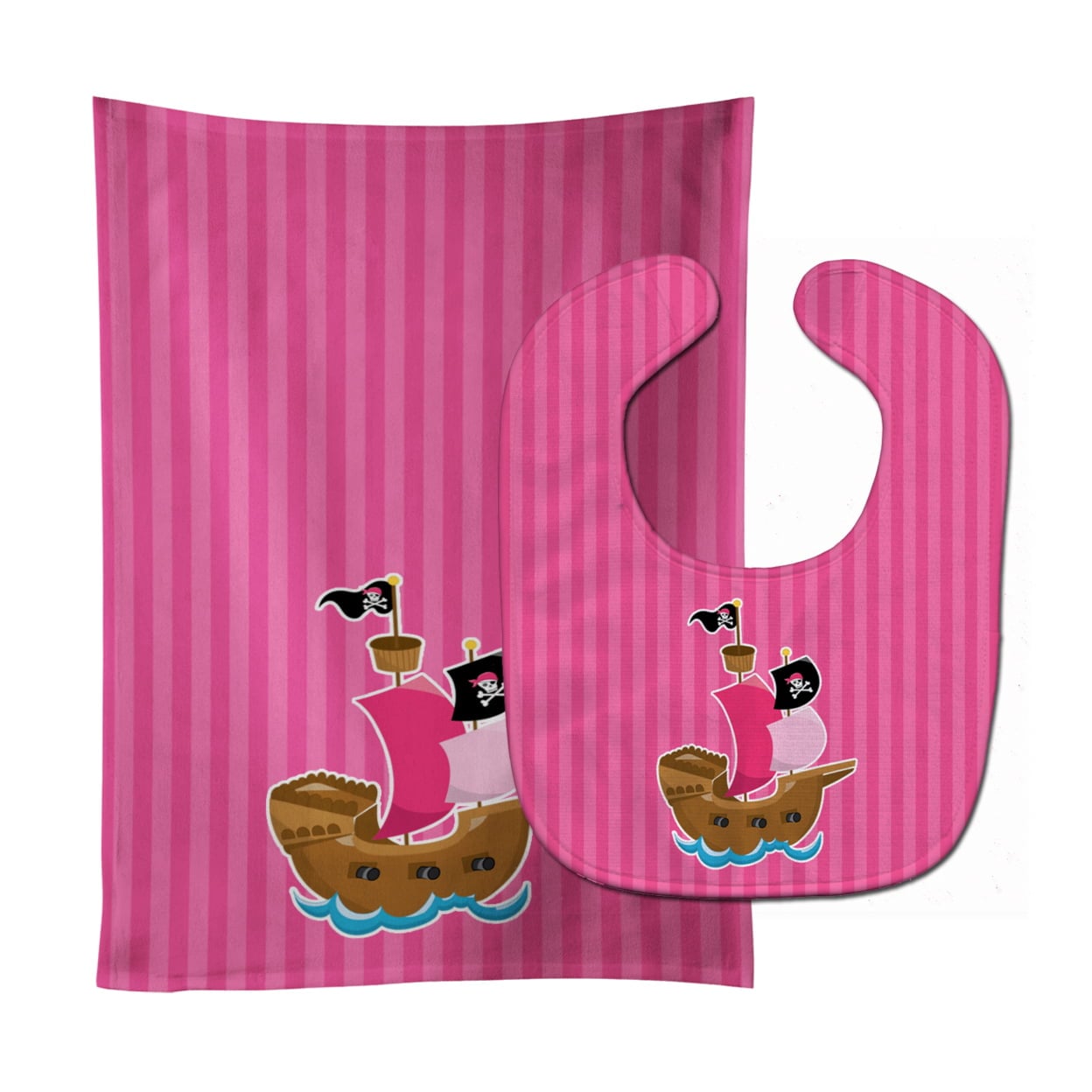 Pirate Ship Pink Baby Bib & Burp Cloth