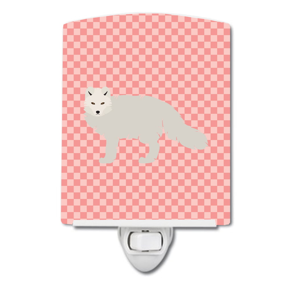 White Arctic Fox Pink Check Ceramic Night Light