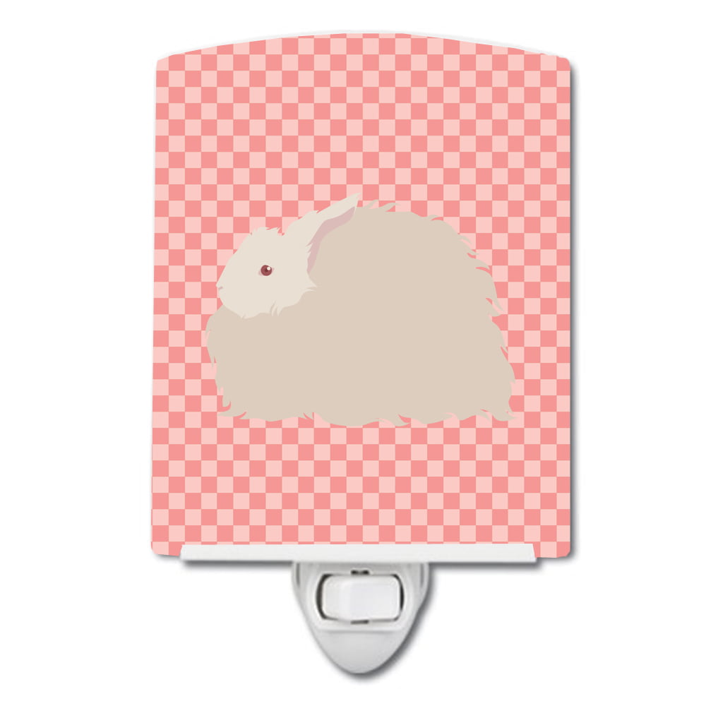 BB7959CNL Fluffy Angora Rabbit Pink Check Ceramic Night Light