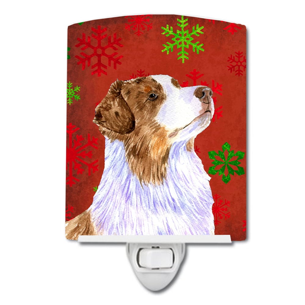 Australian Shepherd Red & Green Snowflakes Christmas Ceramic Night Light