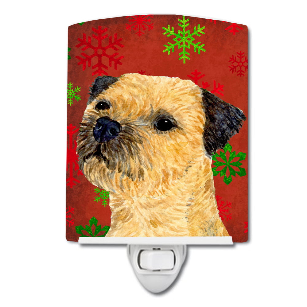 Border Terrier Red & Green Snowflakes Holiday Christmas Ceramic Night Light