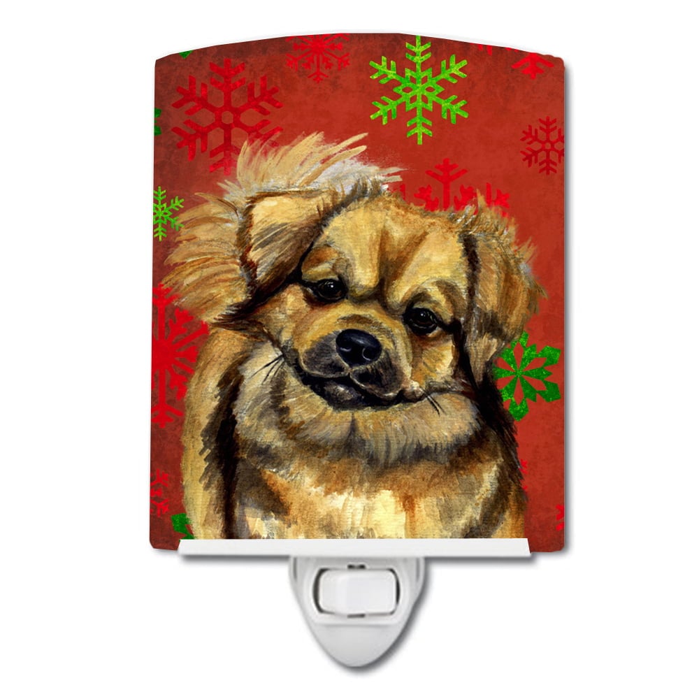 Tibetan Spaniel Red & Green Snowflake Holiday Christmas Ceramic Night Light