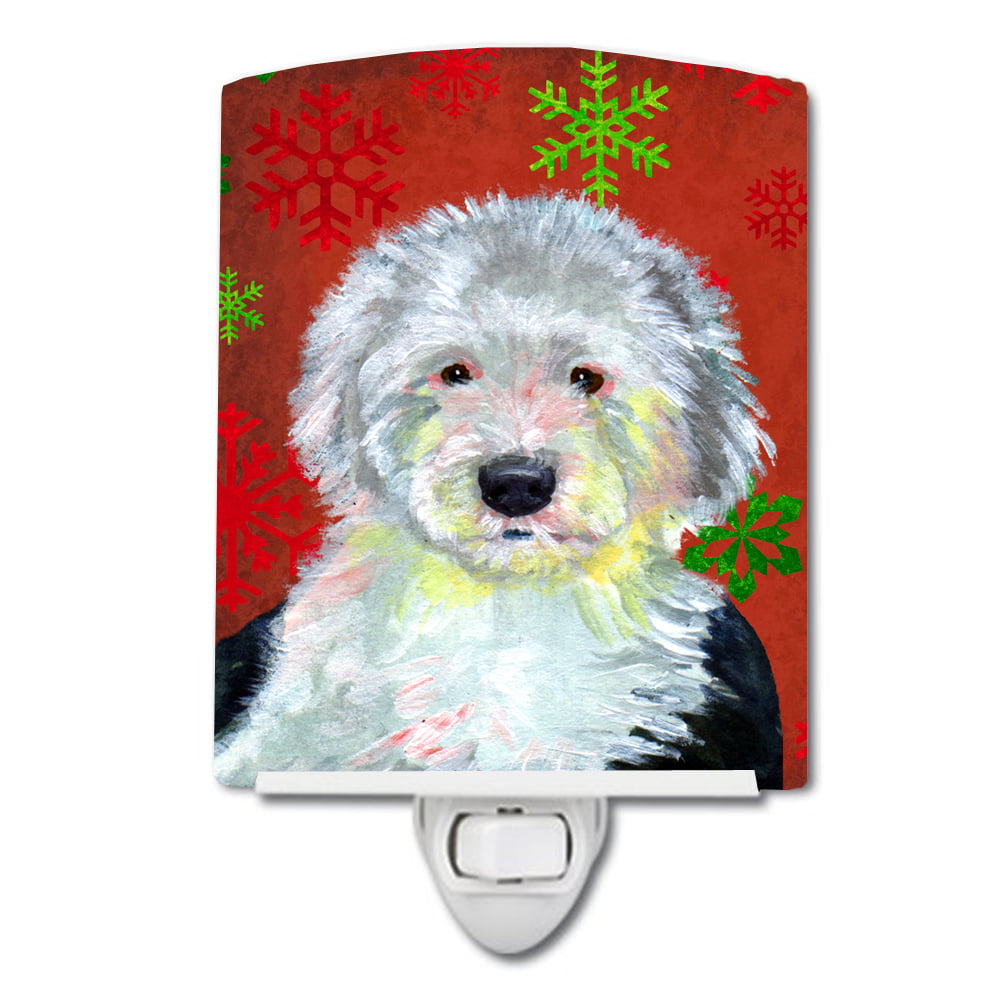LH9351CNL Old English Sheepdog Red & Green Snowflakes Holiday Christmas Ceramic Night Light