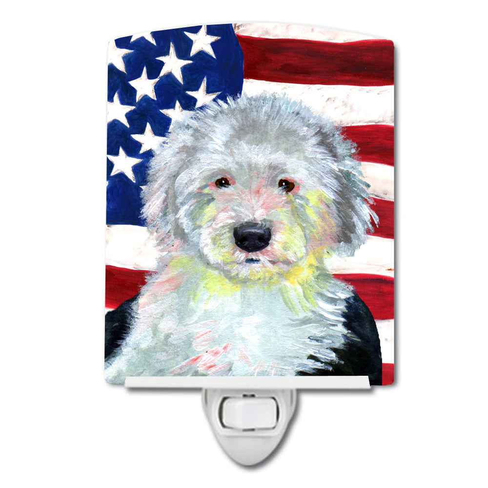 LH9035CNL USA American Flag with Old English Sheepdog Ceramic Night Light