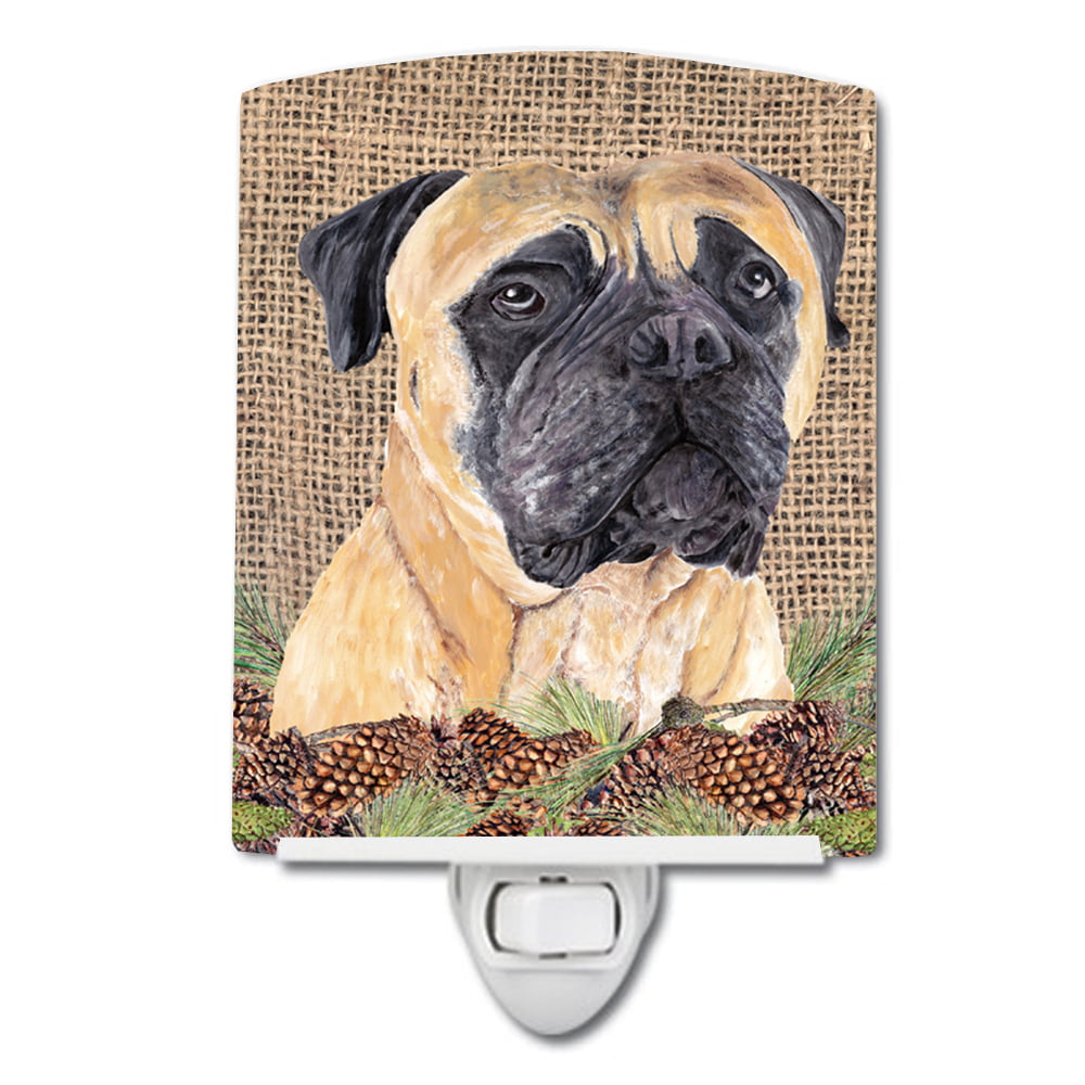 Mastiff Faux Burlap & Pine Cones Ceramic Night Light