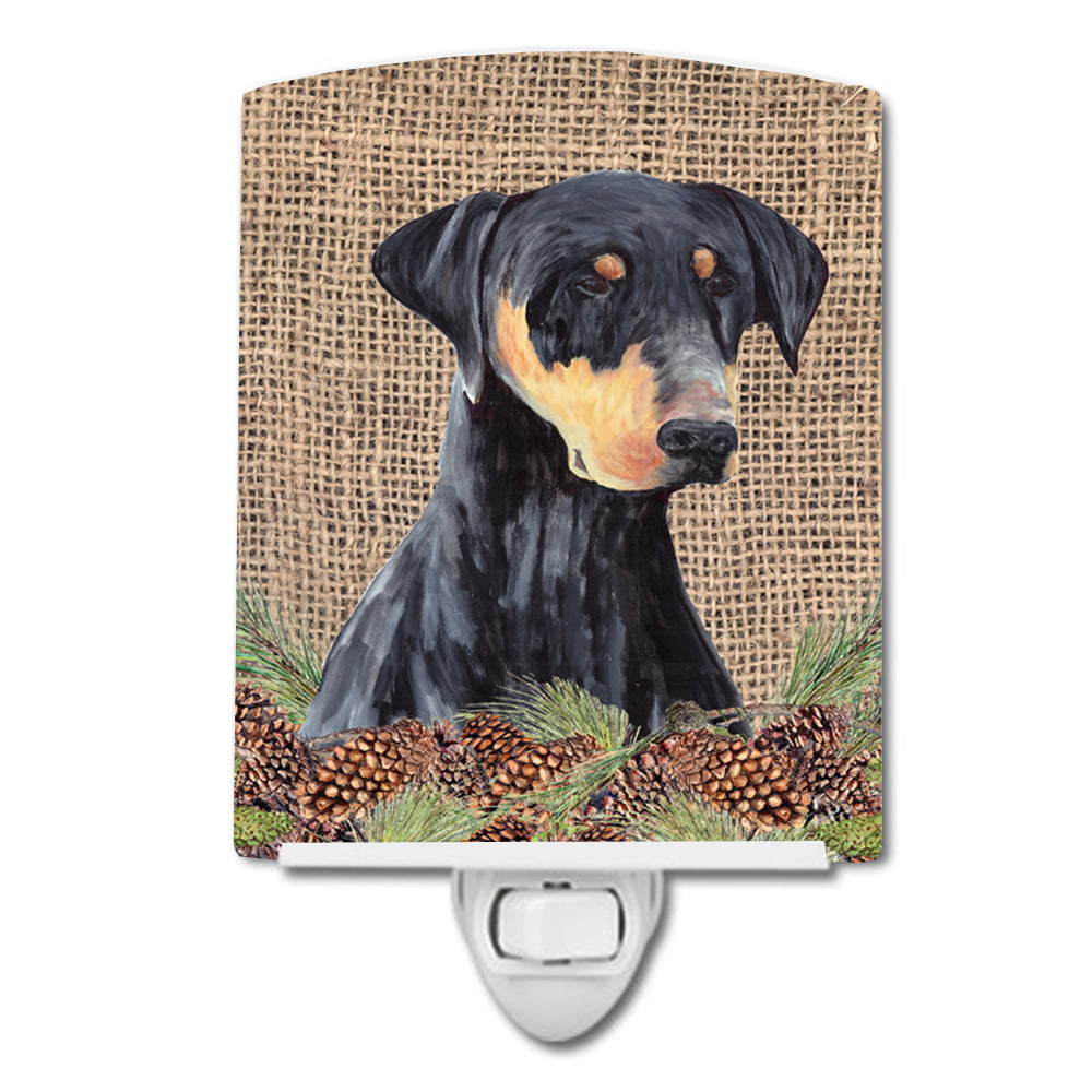 Doberman Faux Burlap & Pine Cones Ceramic Night Light