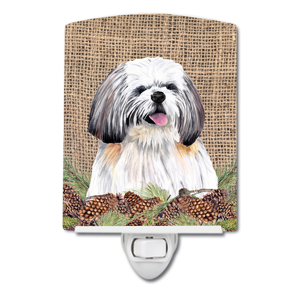 Shih Tzu Faux Burlap & Pine Cones Ceramic Night Light