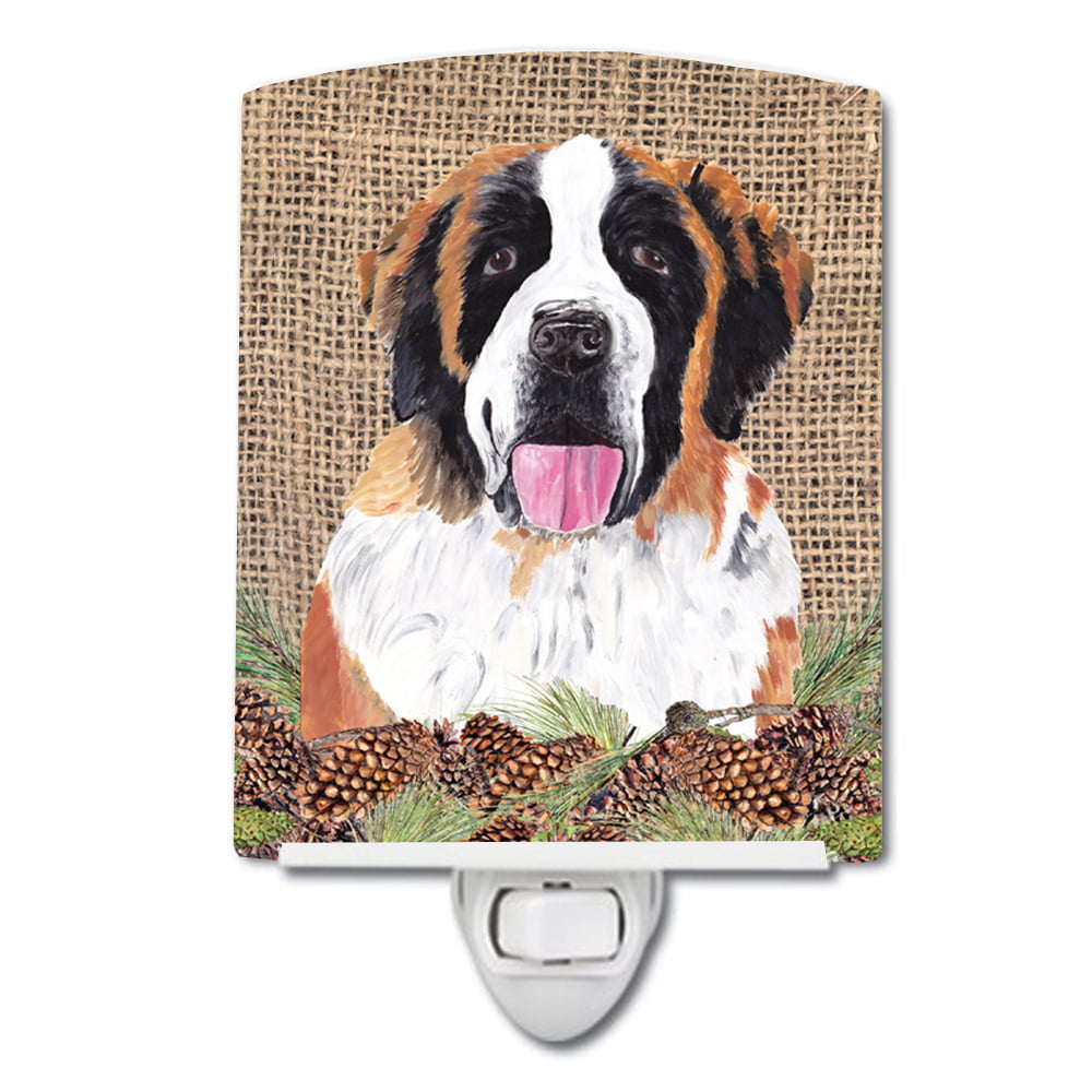 Saint Bernard Faux Burlap & Pine Cones Ceramic Night Light
