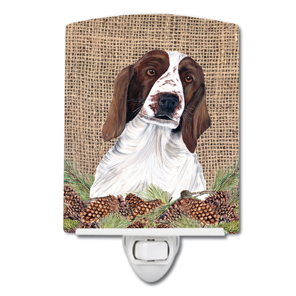 Welsh Springer Spaniel Faux Burlap & Pine Cones Ceramic Night Light