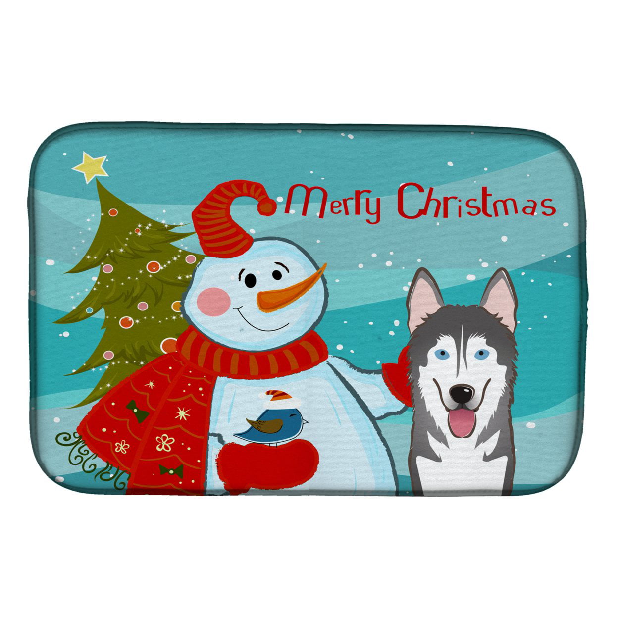 Snowman With Alaskan Malamute Dish Drying Mat