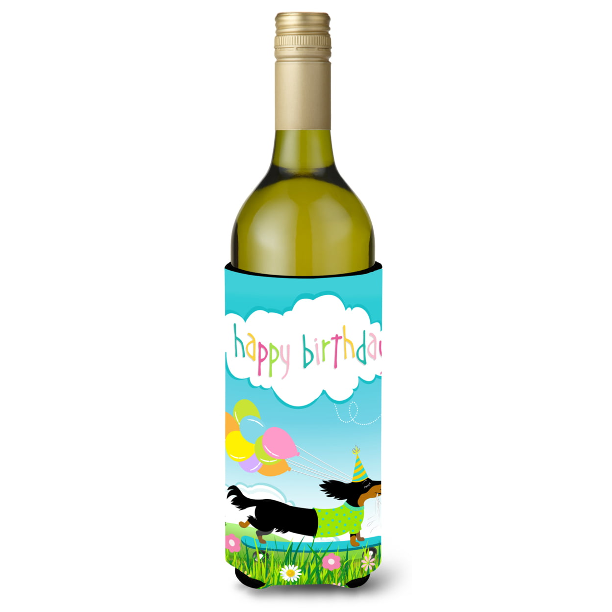 Picture of Carolines Treasures VHA3029LITERK Happy Birthday Dachshund Wine Bottle Beverage Insulator Hugger