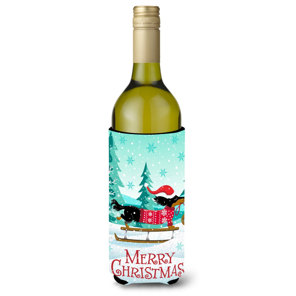 Picture of Carolines Treasures VHA3030LITERK Merry Christmas Dachshund Wine Bottle Beverage Insulator Hugger
