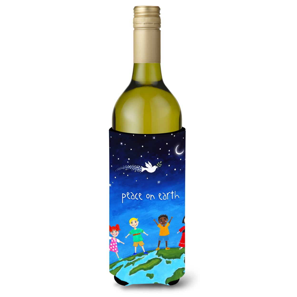 Picture of Carolines Treasures VHA3039LITERK Peace on Earth Wine Bottle Beverage Insulator Hugger