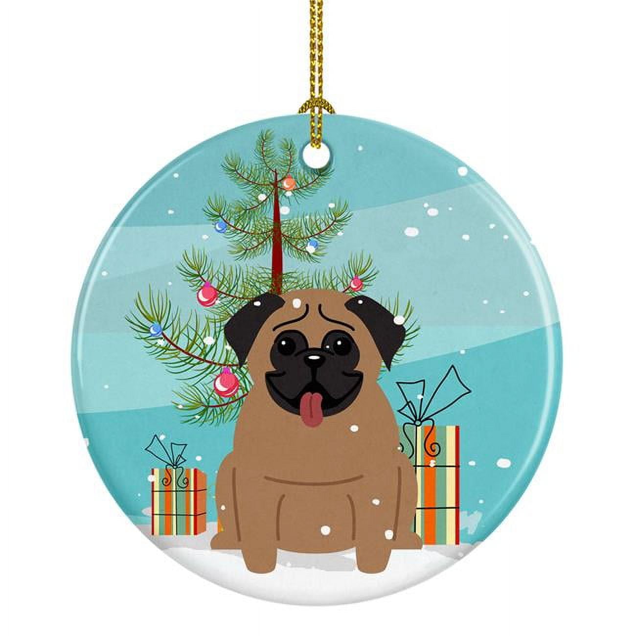 Merry Christmas Tree Pug Brown Ceramic Ornament