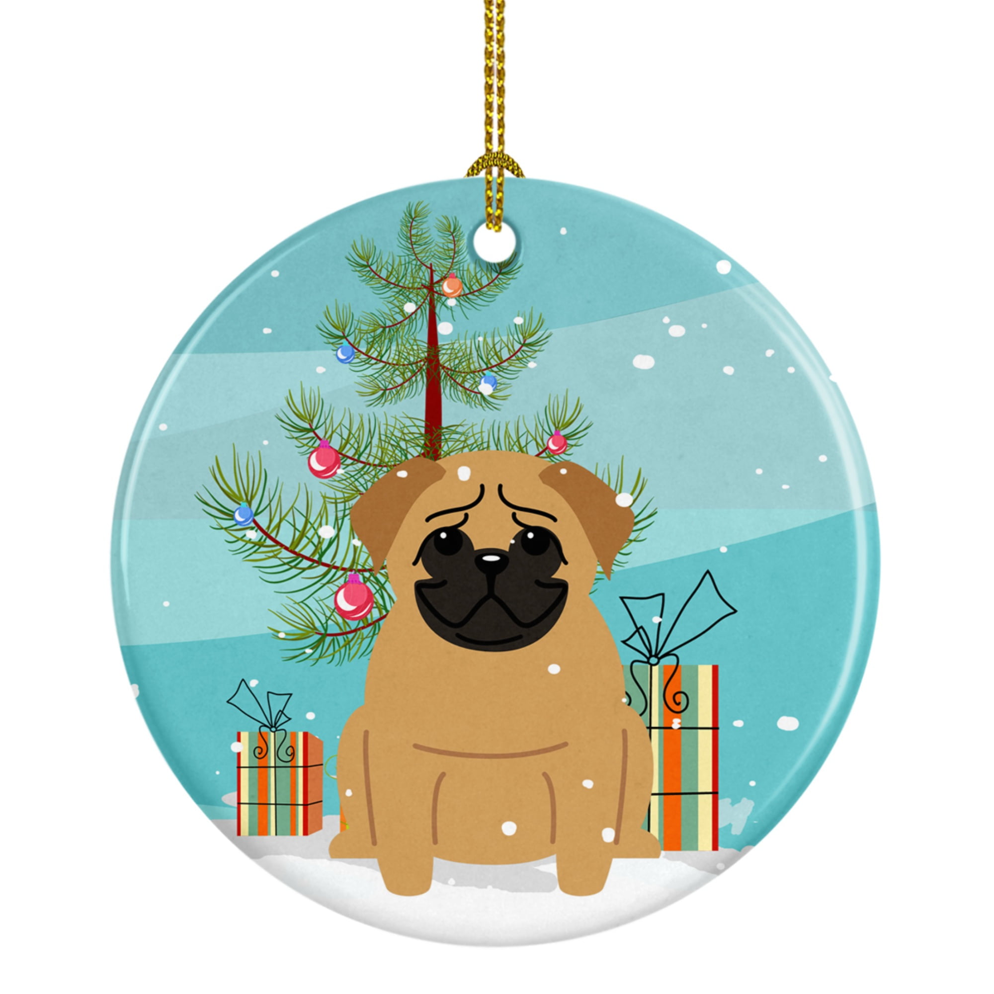 Merry Christmas Tree Pug Brown Ceramic Ornament