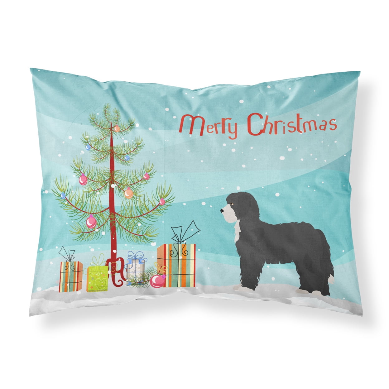 CK3868PILLOWCASE Black Sheepadoodle Christmas Tree Fabric Standard Pillowcase