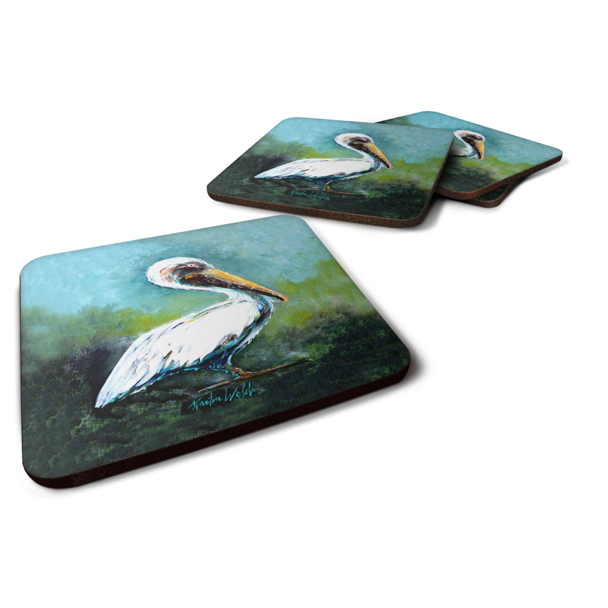 Blue Stand White Pelican Foam Coasters - Set of 4