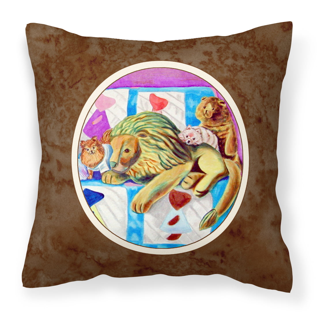 Pomeranian on the Couch With Toy Tiger Fabric Decorative Pillow