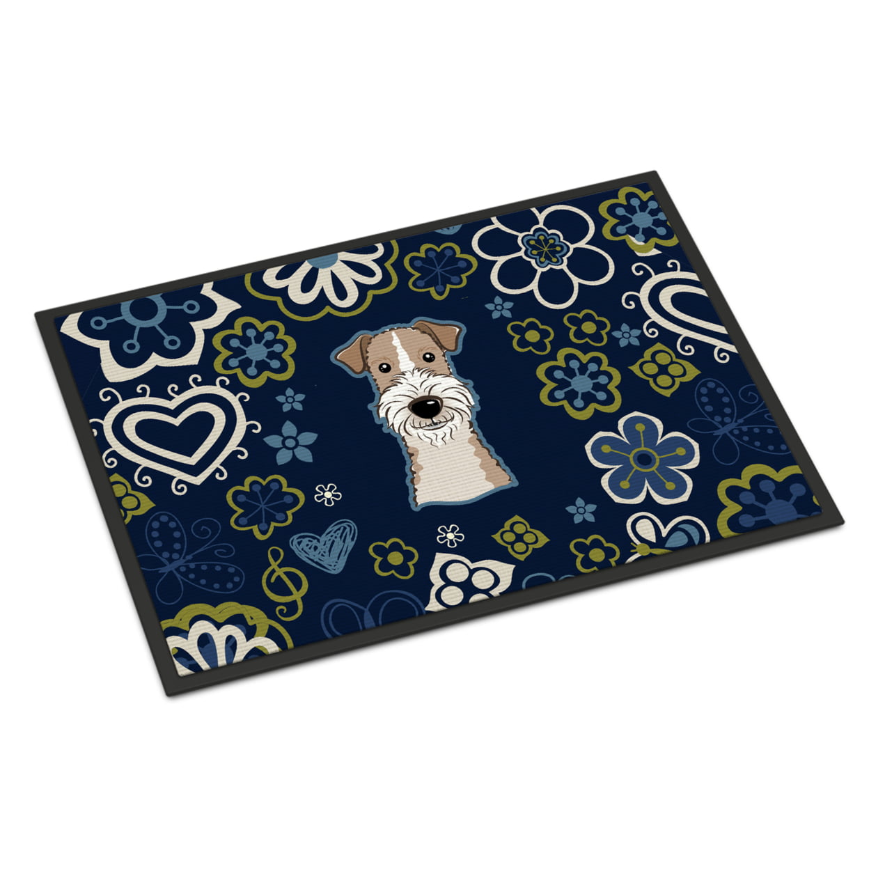 24 x 36 in. Blue Flowers Wire Haired Fox Terrier Indoor or Outdoor Mat