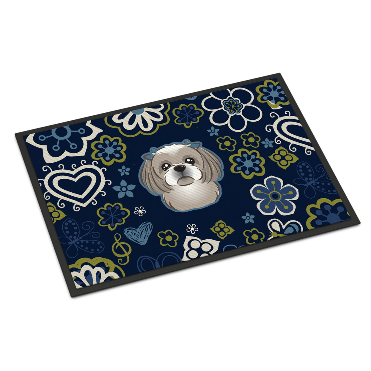 24 x 36 in. Blue Flowers Gray & Silver Shih Tzu Indoor or Outdoor Mat