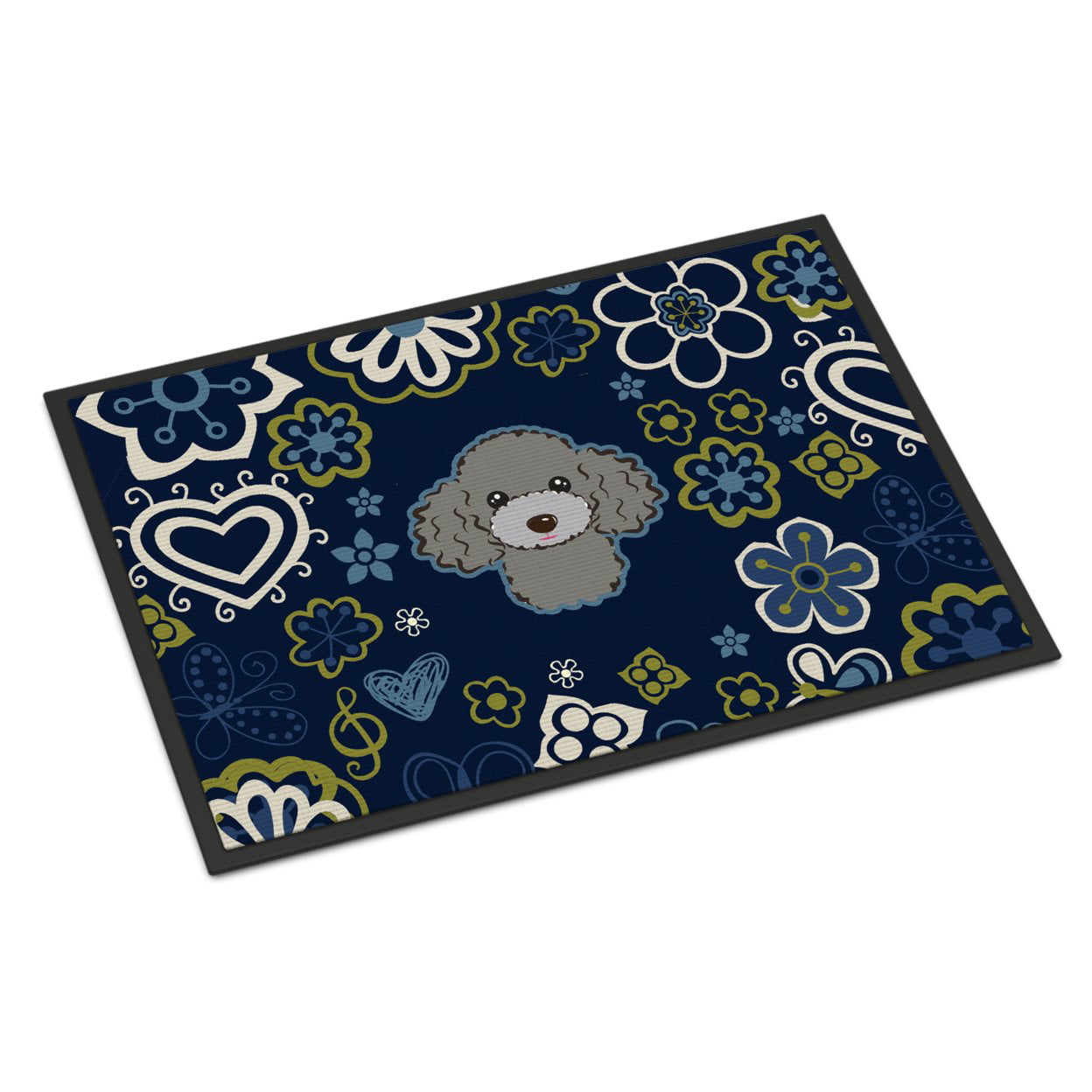 24 x 36 in. Blue Flowers Silver & Gray Poodle Indoor or Outdoor Mat