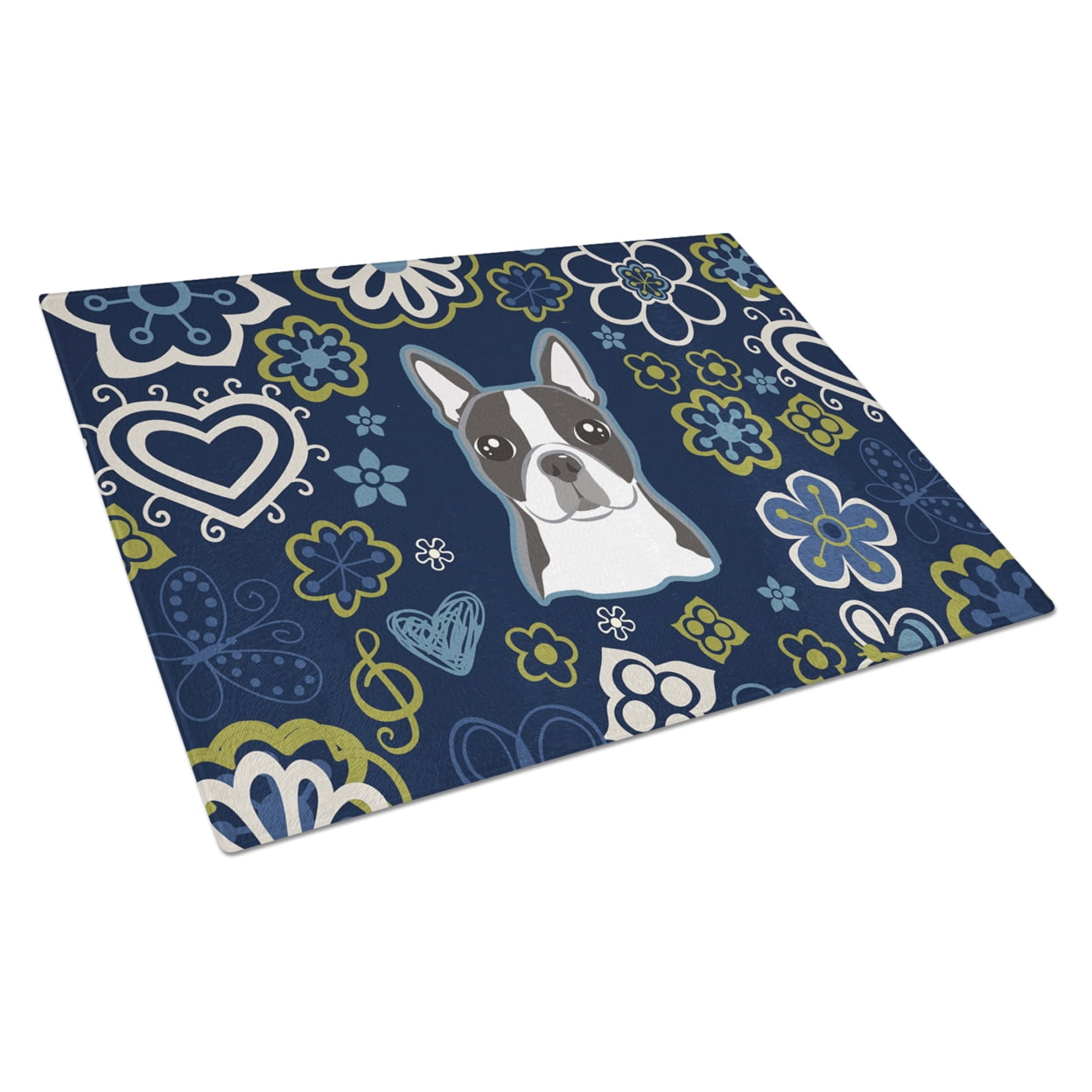 Blue Flowers Boston Terrier Glass Cutting Board - Large