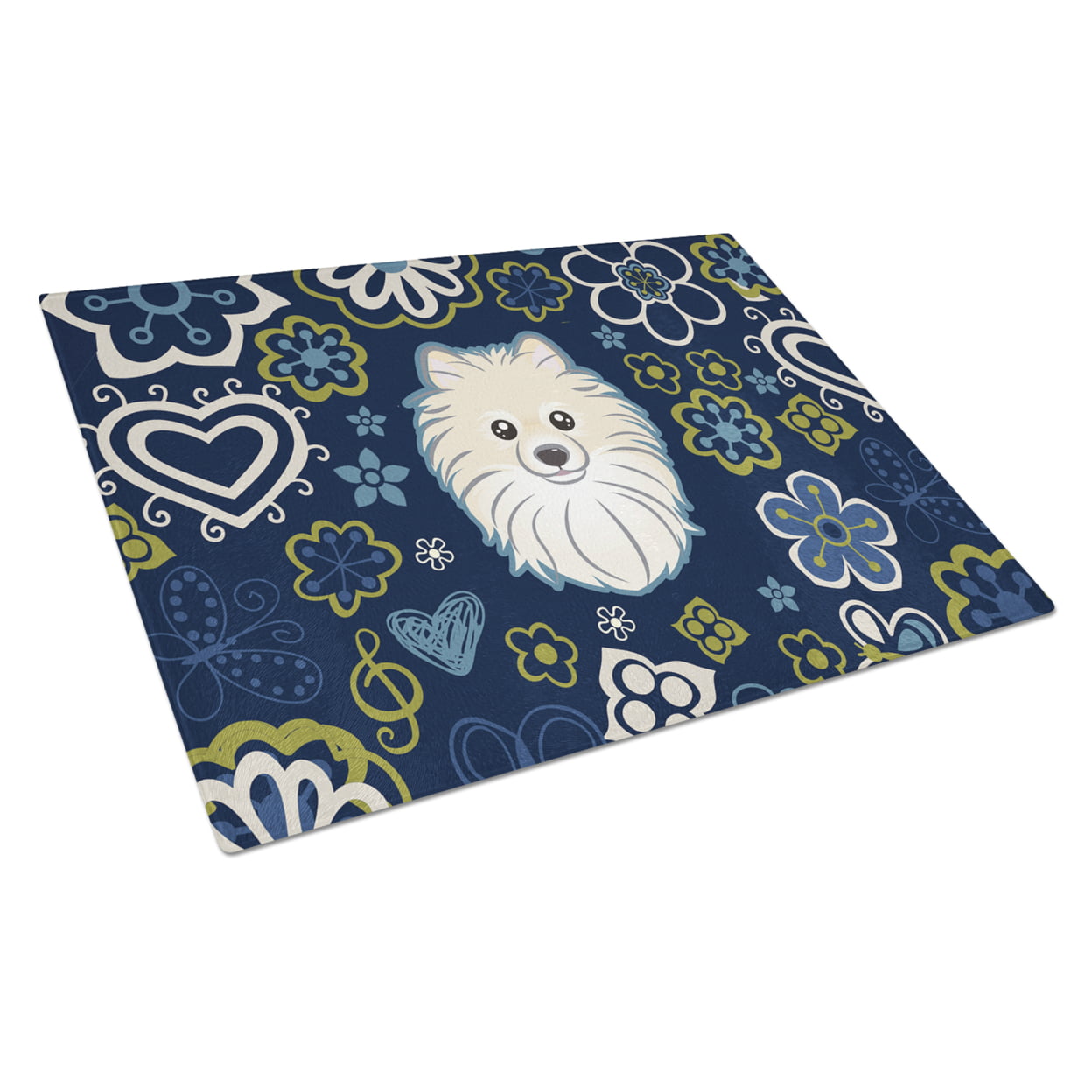 Blue Flowers Pomeranian Glass Cutting Board - Large