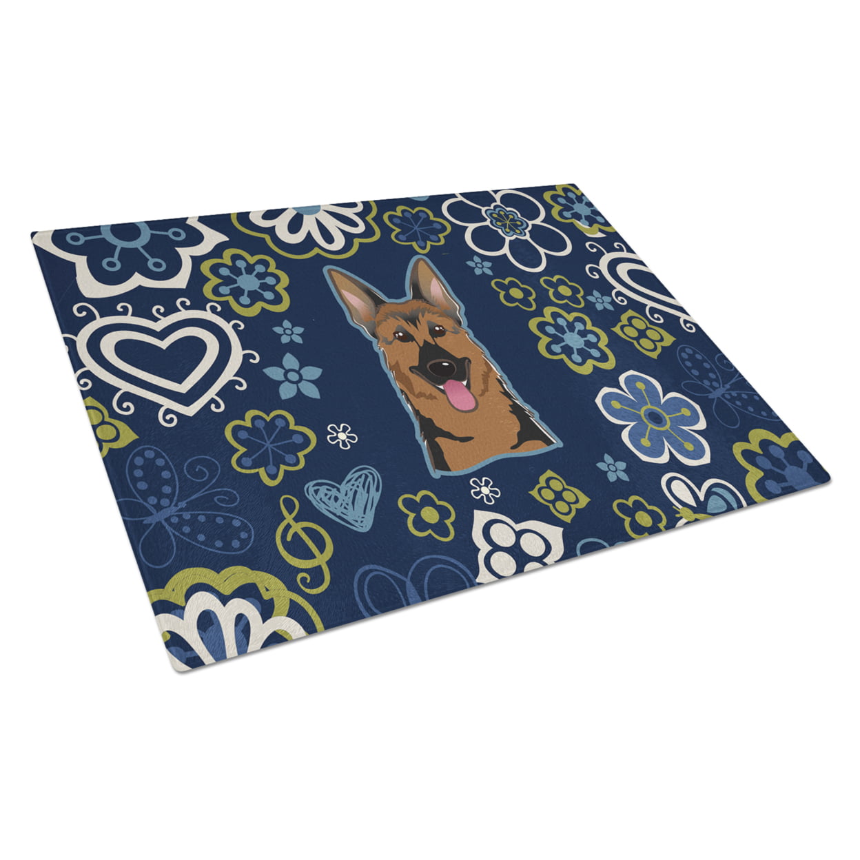Blue Flowers German Shepherd Glass Cutting Board - Large