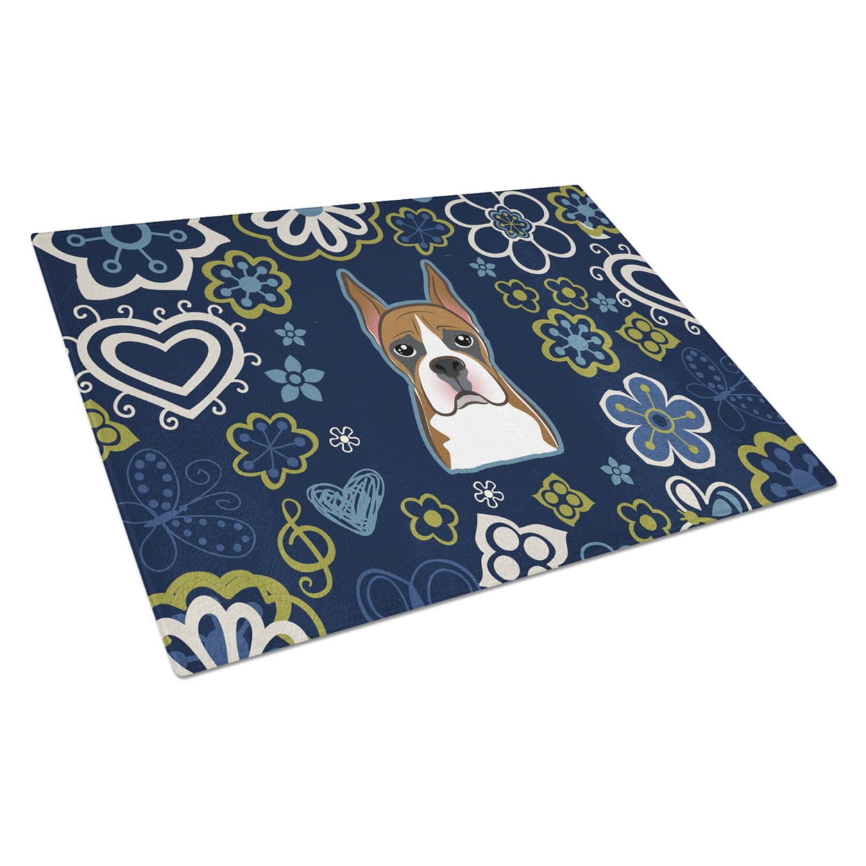 Blue Flowers Boxer Glass Cutting Board - Large