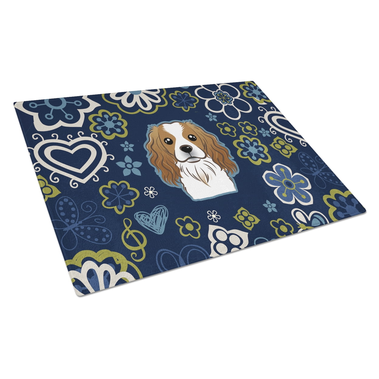 Blue Flowers Cavalier Spaniel Glass Cutting Board - Large