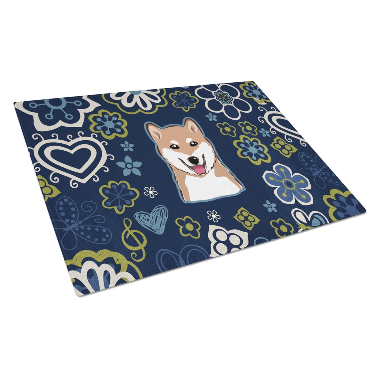 Blue Flowers Shiba Inu Glass Cutting Board - Large