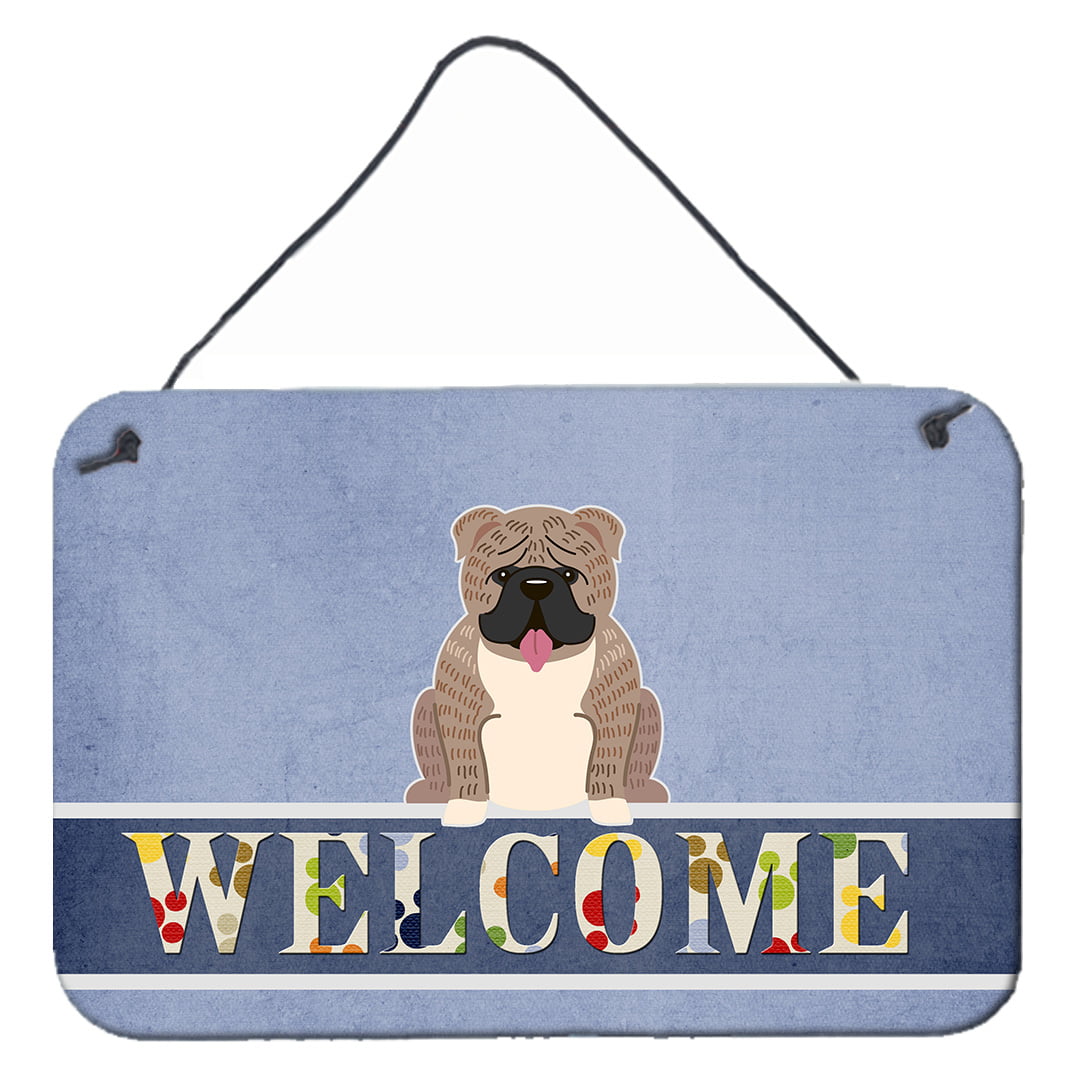English Bulldog Grey Brindle Welcome Wall or Door Hanging Prints